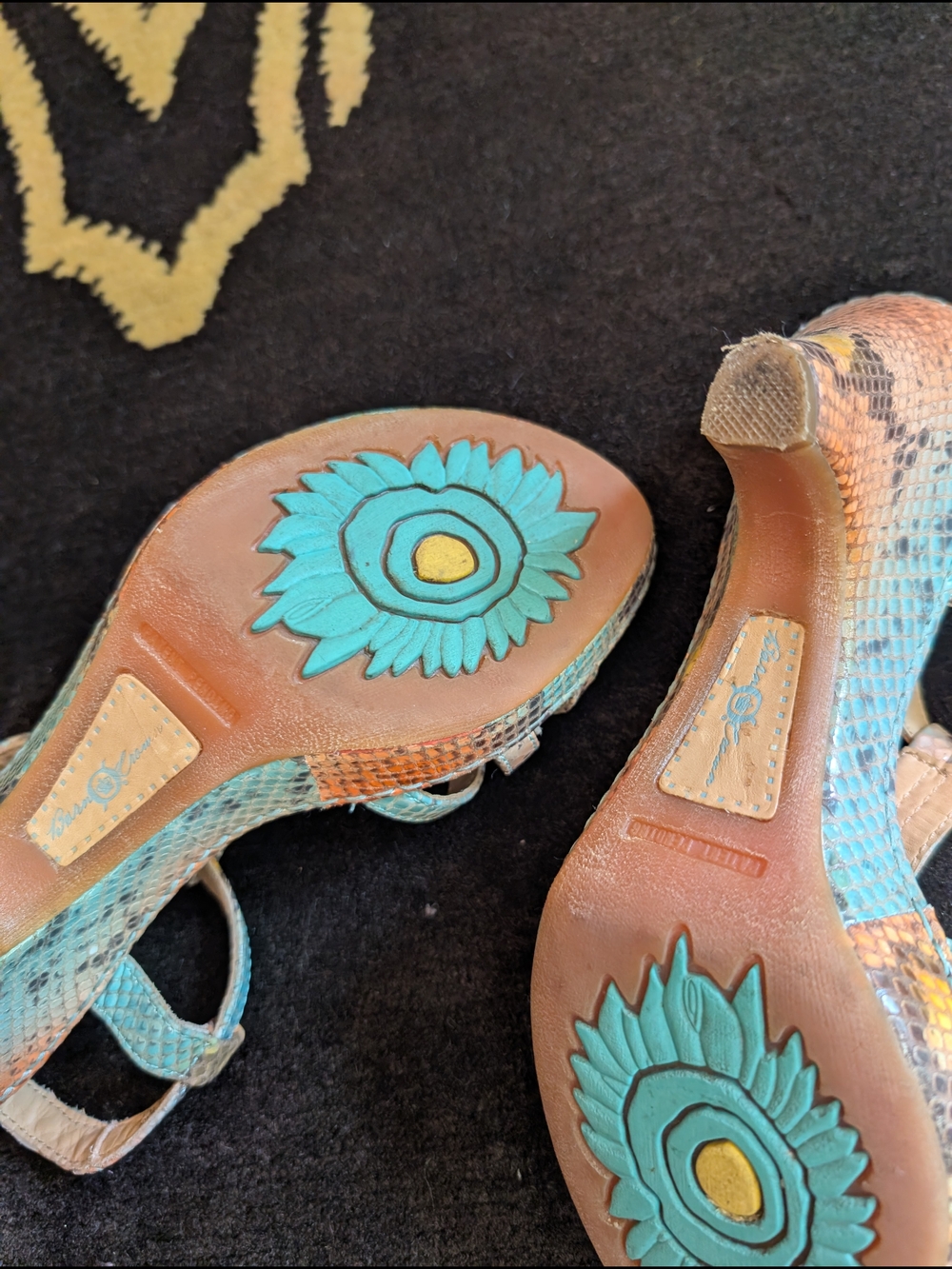 Born Turquoise Orange Snakeskin T-Strap Block Heel Sandals - Picture 5 of 6